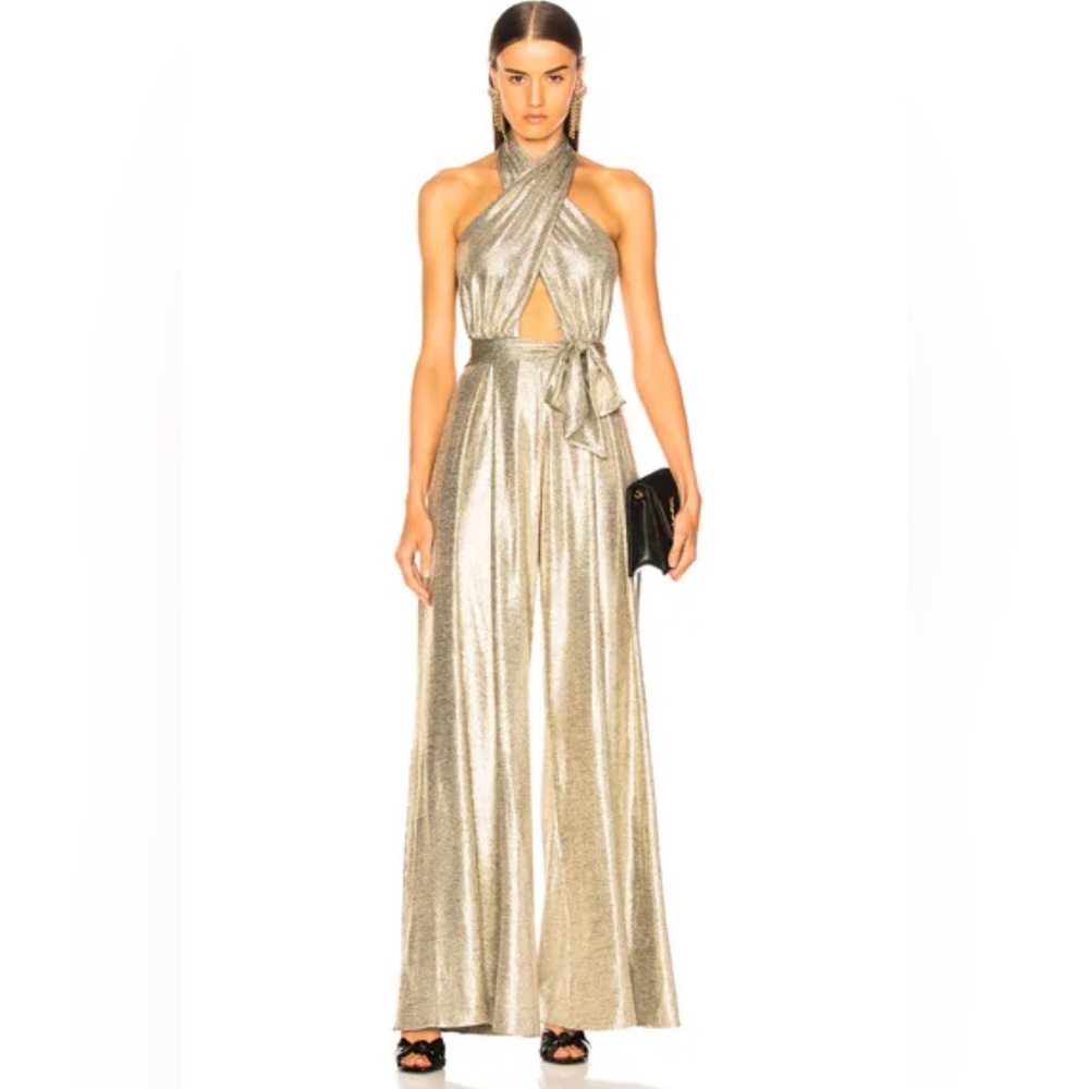 PatBo Lamé Front Wrap Jumpsuit in Platino